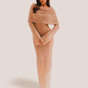 Meshki Marisol Wheat Bouclé Maxi Dress – Off-Shoulder Coquette Minimalist (XXS)